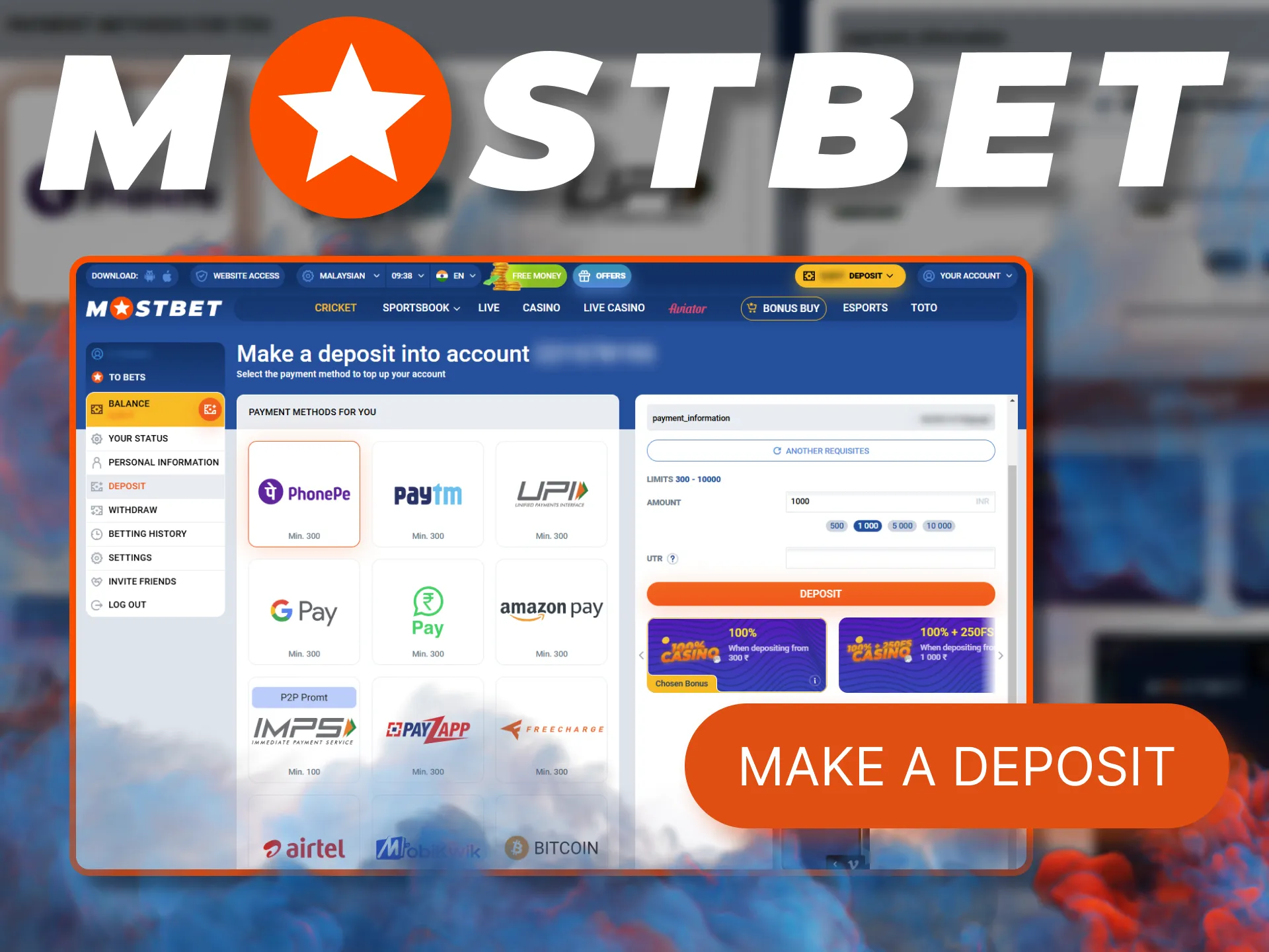 Guide on how to deposit funds into your Mostbet account.