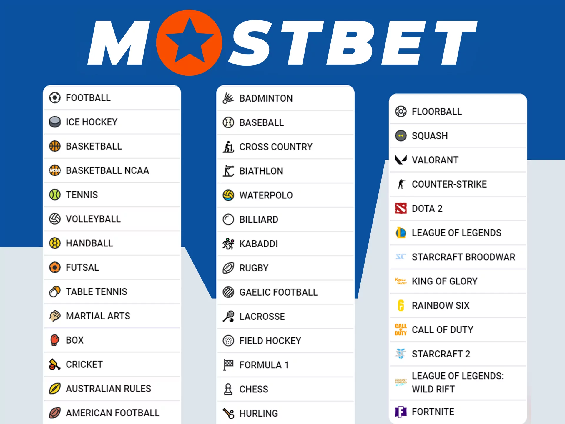 Variety of sports available for betting on Mostbet, including cricket.