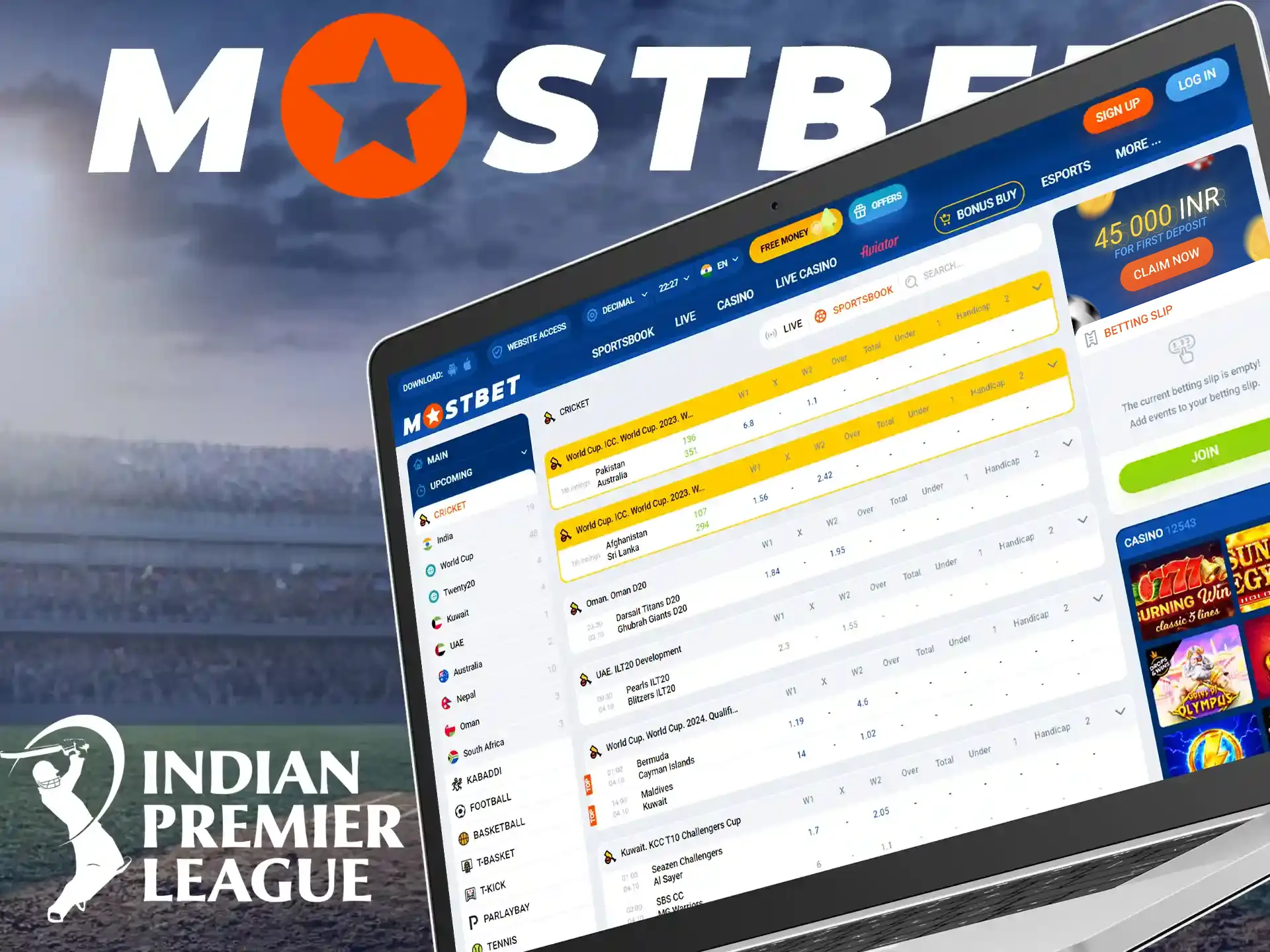 Cricket betting for IPL matches on Mostbet, allowing users to place bets and follow results.