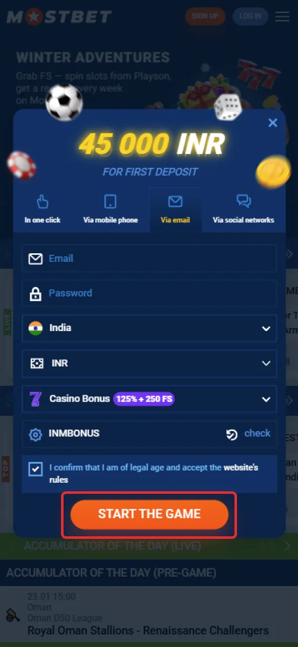 Create your account on the Mostbet website.