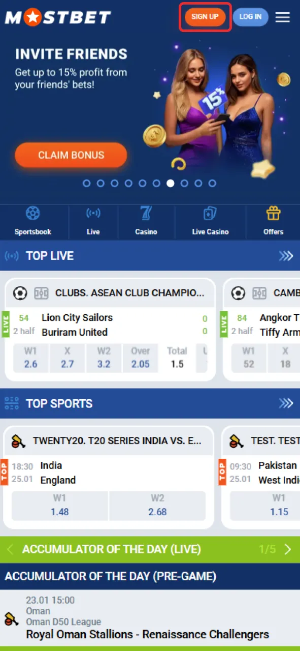 Open the official Mostbet website to register.