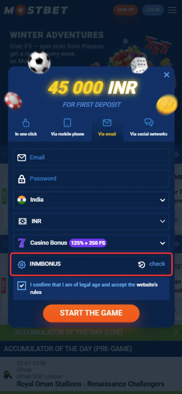 Use the promo code during registration on Mostbet.