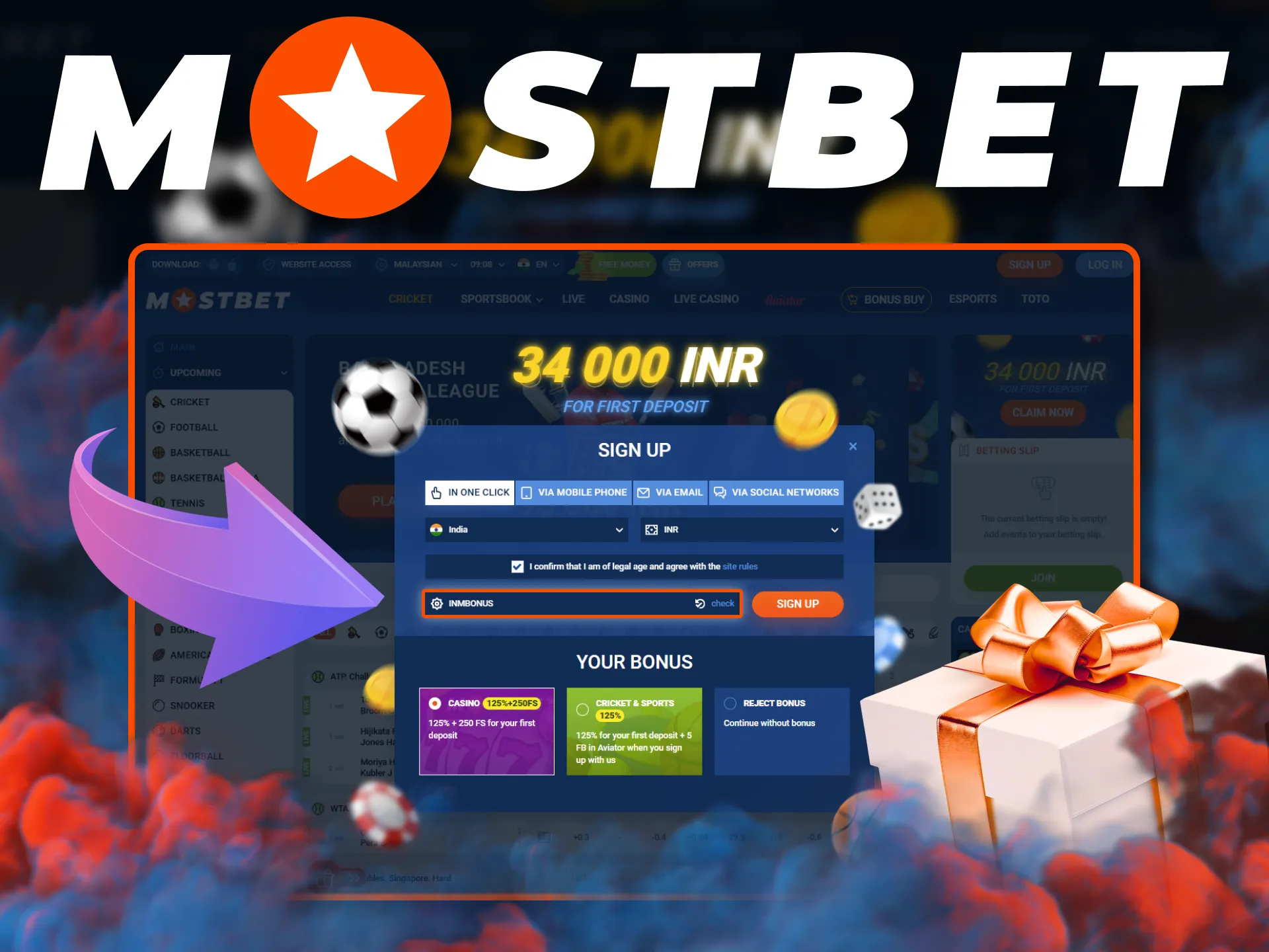 Create your account on the Mostbet website.