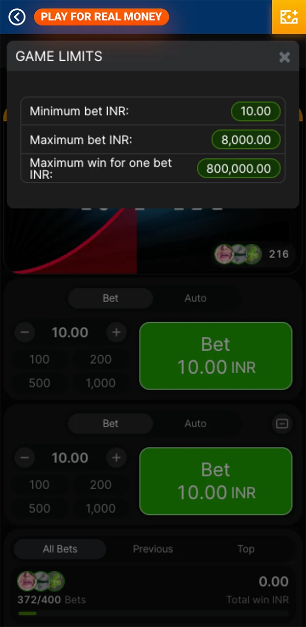 Betting limits for the Aviator game at Mostbet Casino.