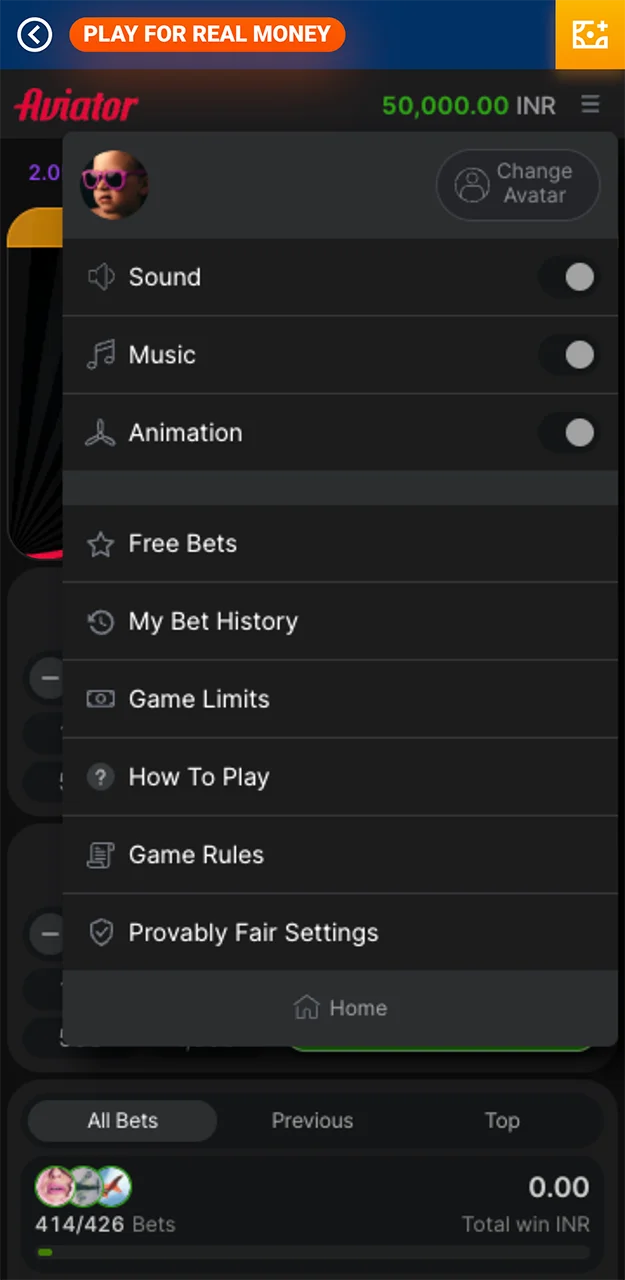 The menu and settings for the Aviator game from Mostbet Casino.